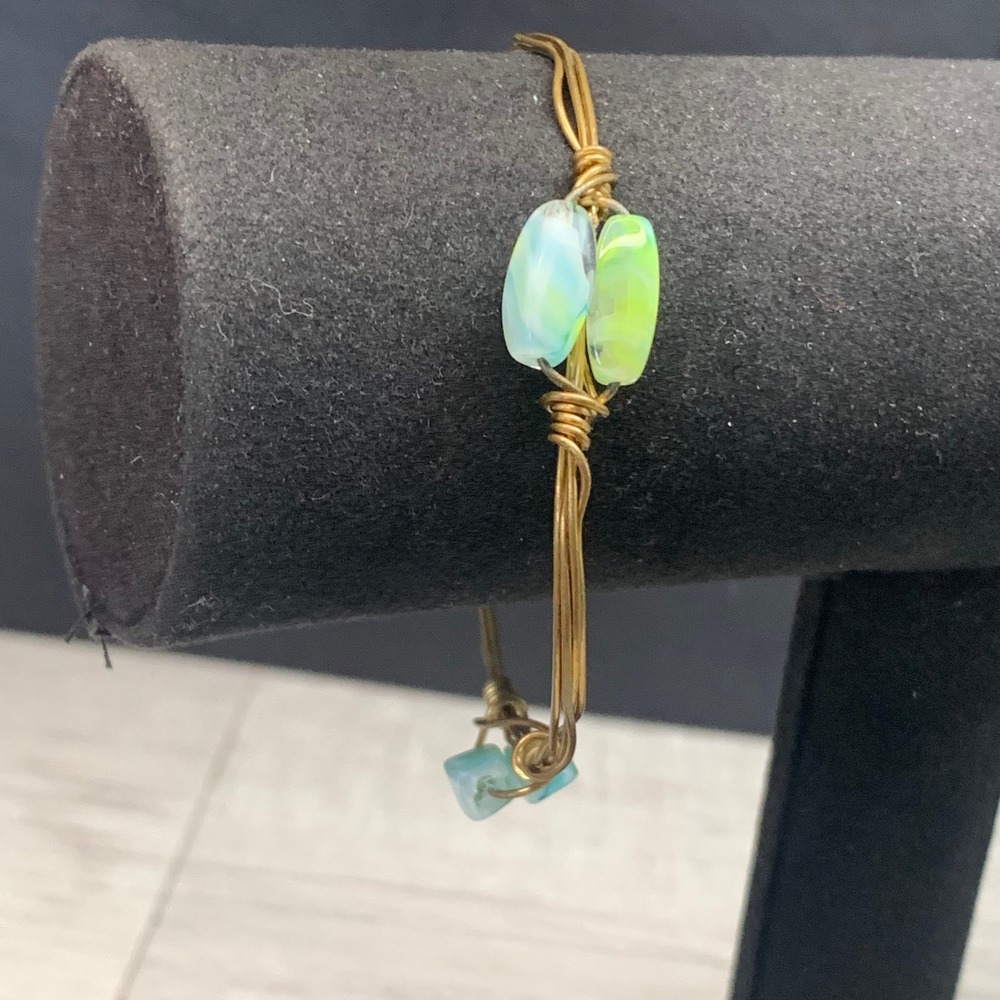 Artisan Wire Wrapped Bangle Teal Green Swirl Glass Beads Gold Tone 7.5in